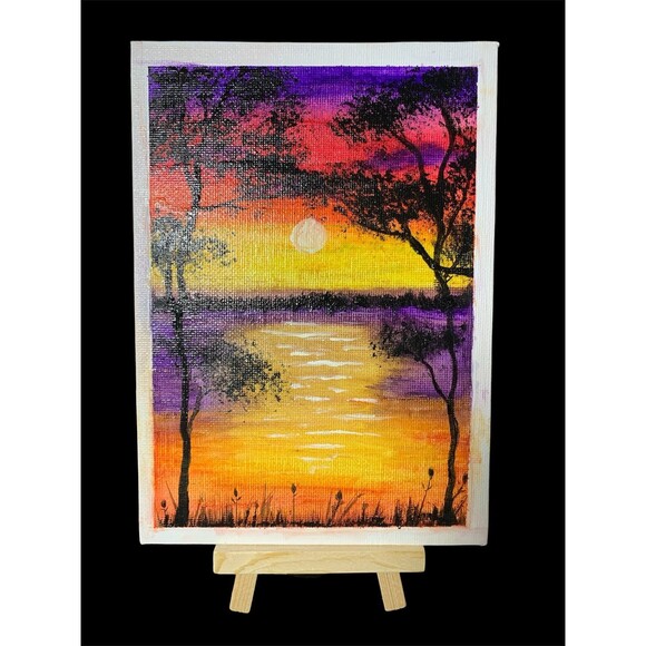 Original Acrylic Painting: Bright Sunset with Two Trees (5x7) - Picture 1 of 1